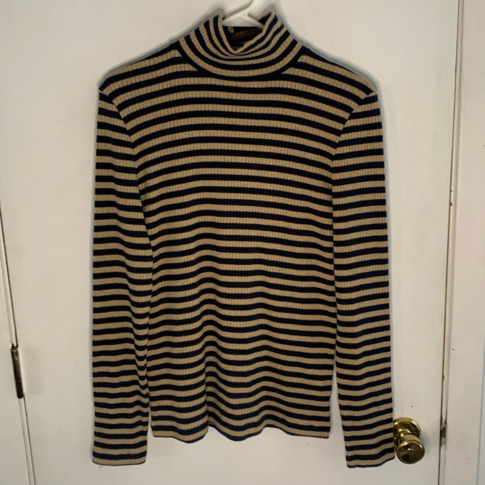 J Crew navy tan striped rib knit turtleneck high neck sweater Size Large